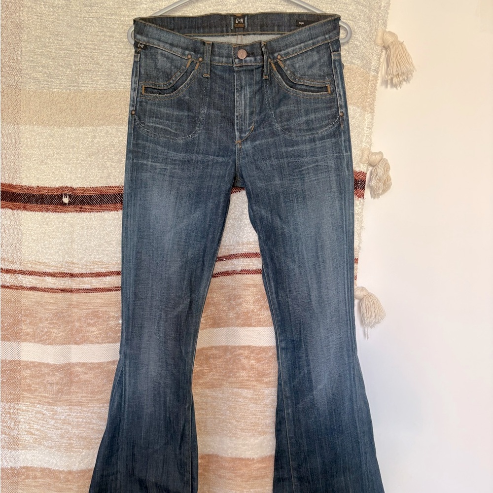Moon River Blue Flare Denim Jeans with Vintage Wash